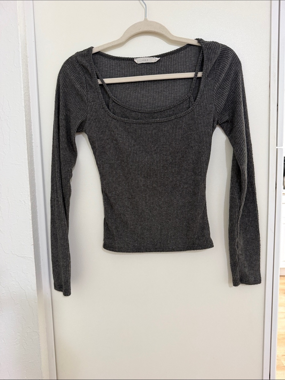 Lush Charcoal Ribbed Long Sleeve Soft Top with Layered attached tank | S